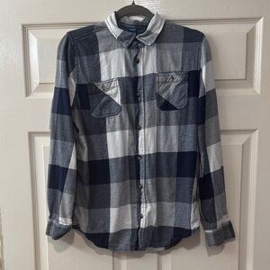 Arizona Jean Co Husky Boys Flannel Shirt Blue & Gray Plaid Button Down Weatern
